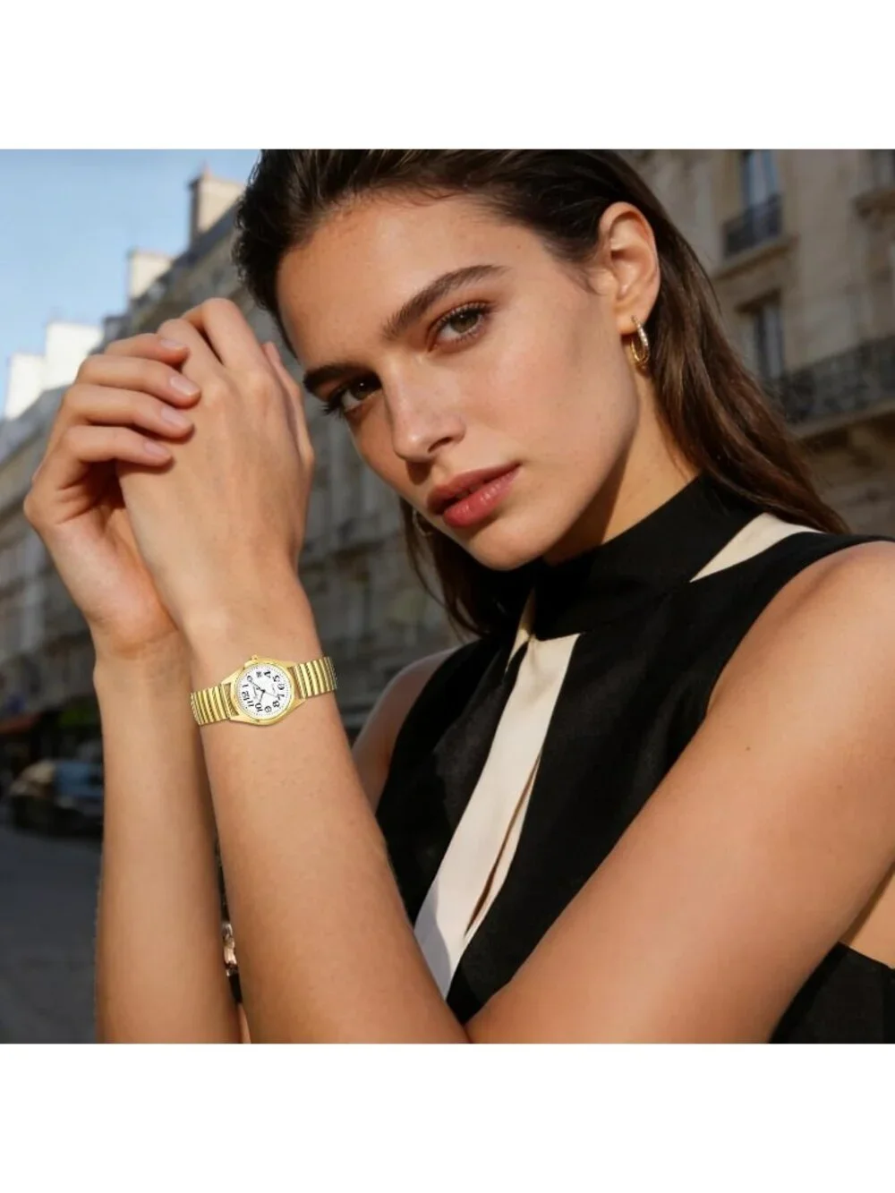 Womens Gold Analog Quartz Luminous Easy Reader Stretch Band Calendar Wrist Watch